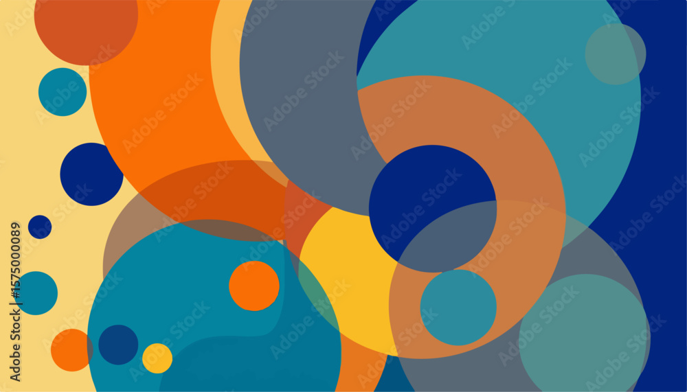 Poster playful backdrop displaying overlapping circles in shades of blue, orange, and yellow, creating a vi