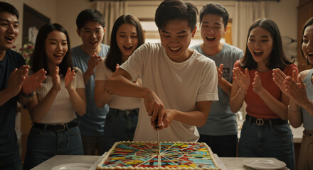 Joyful Asian friends and family celebrating a special occasion with a large decorated cake