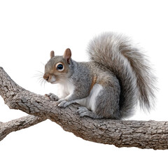Detailed gray squirrel perched on a gnarled branch isolated on transparent background