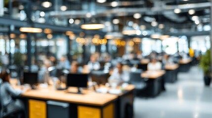 Abstract modern open office space filled with employees working, creative corporate environment and blurred background creates soft effect.