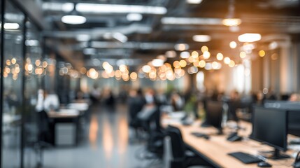 Obraz premium Blurry office space with bright lights creates a modern, dynamic, and energetic atmosphere for business and work.