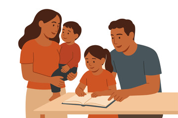 Happy family reading together, parents and children bonding time