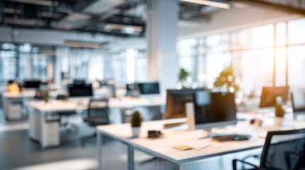 Modern office space with sunlight streaming in, desks and chairs create professional ambiance, empty office blurring detail.