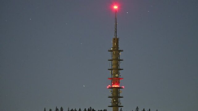 Timelapse, moonset behind radio tower, shooting stars, Oslo in early summer, night view, 4K, 30fps