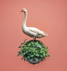Elegant white goose standing on a floating green mossy plant sphere against a pastel coral background. Surreal nature composition blending wildlife, greenery, and minimalistic aesthetics.