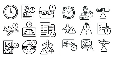 Set of icons that represent different aspects of air travel. The icons include a clock, airplane, and a person. The clock is located in the middle of the set, and the airplane