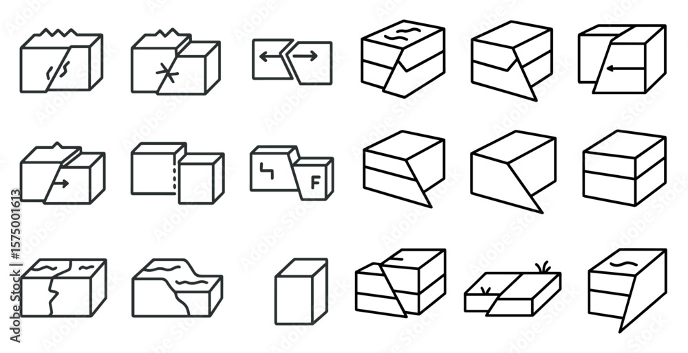 Poster series of boxes with different shapes and sizes. some of the boxes are broken and others are not