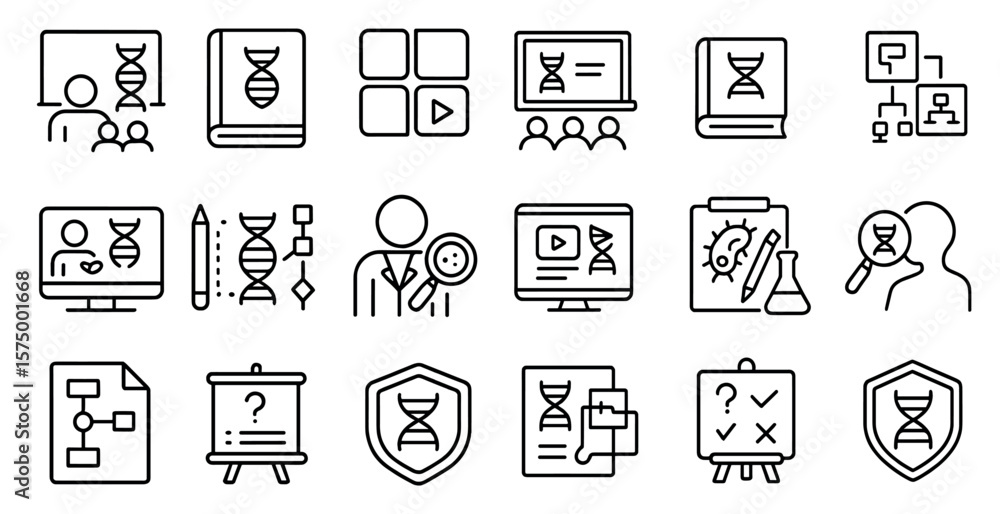 Poster set of icons for a computer program. the icons include a book, a person with a magnifying glass, a p