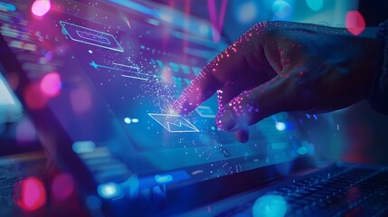 Hand interacts with futuristic holographic interface on a large touchscreen device.