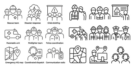Series of icons depicting various professions and their roles in emergency situations. The icons include a police officer, a firefighter, an ambulance, a construction worker
