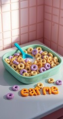 Colorful cereal loops in a turquoise bowl with a blue spoon on a pastel pink tiled counter. Orange cereal letters spell “eat me,” adding playful and whimsical charm to the breakfast setup.