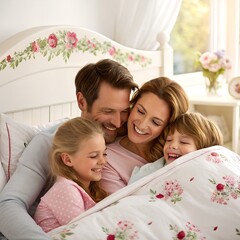 A happy family of four cuddles in bed. The father is a Caucasian man with brown hair. The mother is a Caucasian woman with long brown hair. Two children, a girl and a boy, are smiling.
