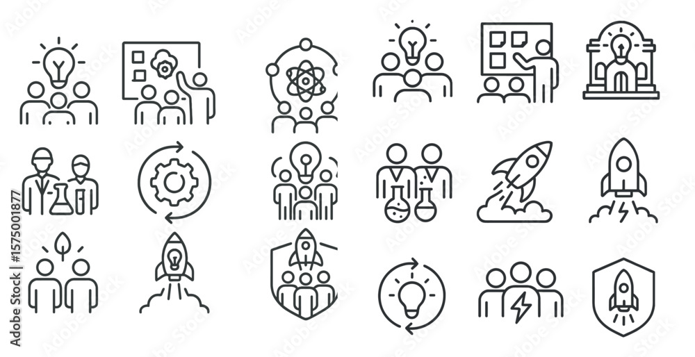 Poster set of icons that represent different ideas and concepts. the icons include a rocket, a light bulb, 