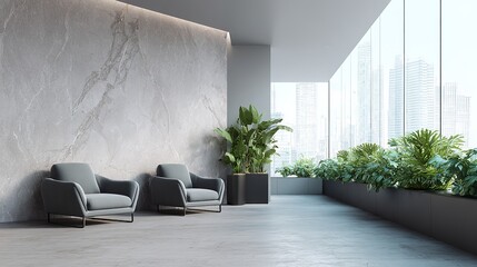 Serene lobby interior with grey armchairs, marble wall, plants, and city view through large windows, creating a calming atmosphere.