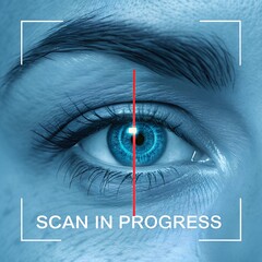 Close-up of a human eye with a blue iris. A scanning interface is visible, indicating a biometric scan in progress. The image has a futuristic technology theme.
