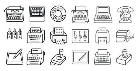 Collection of office supplies including a typewriter, a phone, a printer, and a keyboard