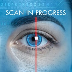 Close-up of a human eye with a blue iris. A red laser line scans across the eye, indicating a biometric scan in progress. Digital elements are visible in the background.