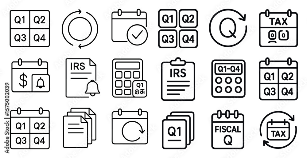 Poster set of black and white icons for various financial documents and calendars. the icons include a chec