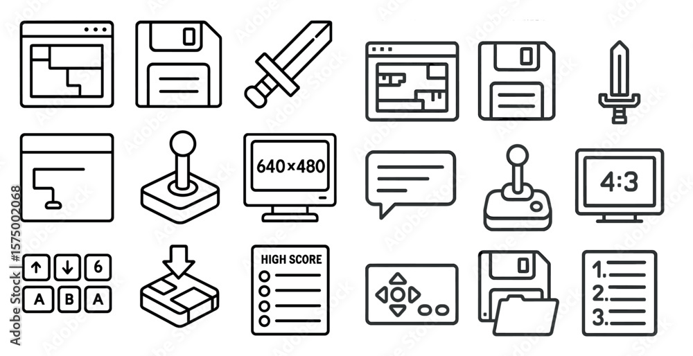 Fototapete Set of icons for a computer game. The icons include a joystick, a sword, a keyboard, a mouse, a floppy disc, a high score sign, and a game controller