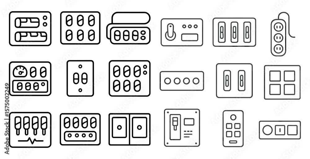 Poster collection of black and white icons for various electrical outlets and switches. the icons are arran
