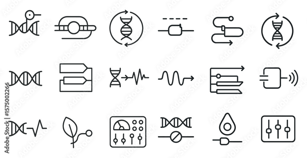 Aufkleber set of icons for various scientific instruments and processes. the icons include a dna strand, a lea