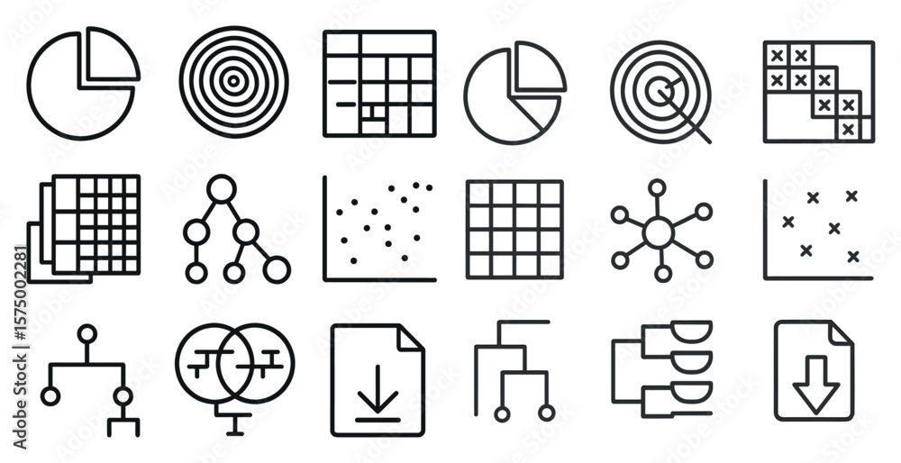 Poster Collection of icons for graphs and charts. The icons include a pie chart, a line graph, a scatter plot, and a bar graph