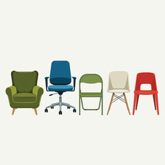 Collection of diverse chairs including armchair office chair folding chair and modern chairs