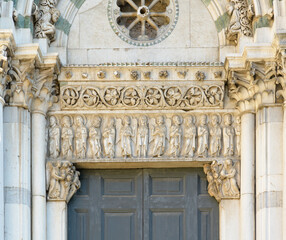 Romanesque marble portal of the Church of Santi Giovanni e Reparata, Lucca, Italy, with sculpted...
