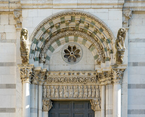 Romanesque marble portal of the Church of Santi Giovanni e Reparata, Lucca, Italy, with sculpted...