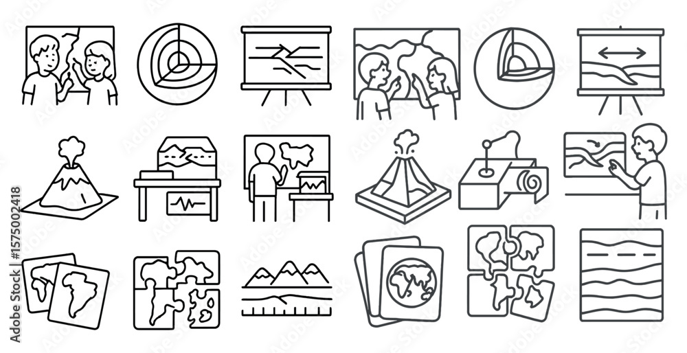 Poster series of images of people and objects related to science and education. the images include a volcan