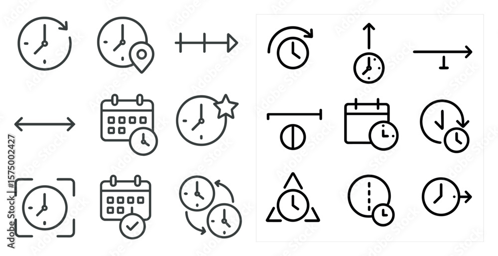 Poster collection of different clock designs, including a clock with a star and a clock with a triangle. th