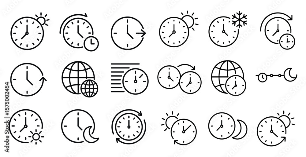 Poster collection of clocks in various positions and sizes. the clocks are all set to different times, and 