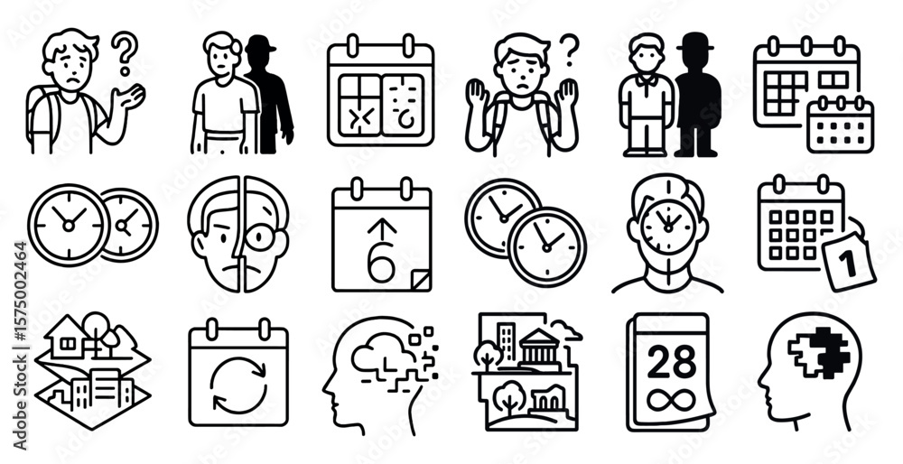 Poster collection of black and white icons that represent different days of the week and times of the day