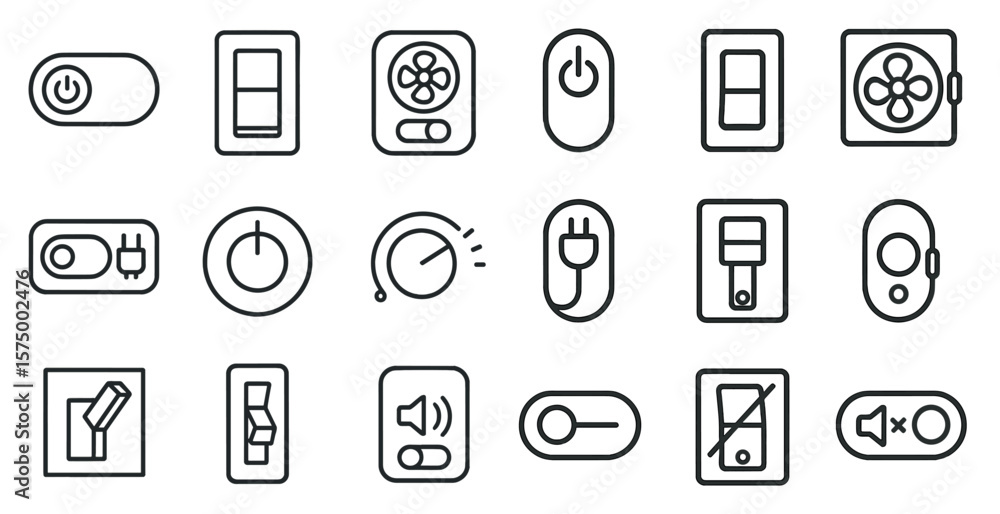 Fototapete Collection of icons for various electronic devices and controls. The icons are all in black and white and are arranged in a grid. Scene is minimalist and modern