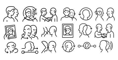 Series of faces with one saying "hello" and another saying "goodbye". The faces are all lined up and appear to be in a row