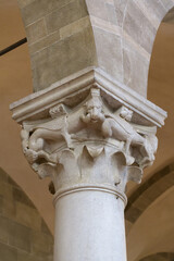 Romanesque sculpted capital with lions and fantastical animals in white marble from the Church of...