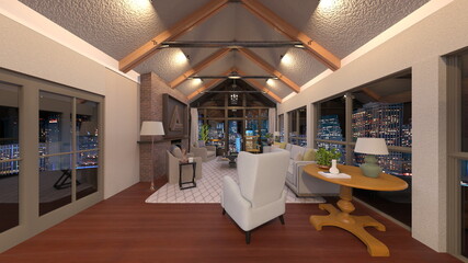 大きな窓があるリビングダイニング　3DCGレンダリング