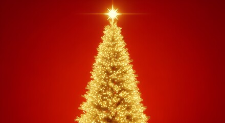 Illuminated golden christmas tree festive decorations with a shining star ornament and red background PNG file isolated on transparent background cut out, clipping path, social media, Advertisement.