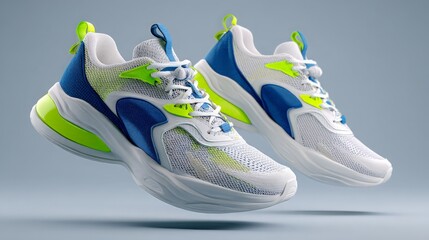 Blank modern running shoes mockup with mesh upper and colorful accents on light grey background
