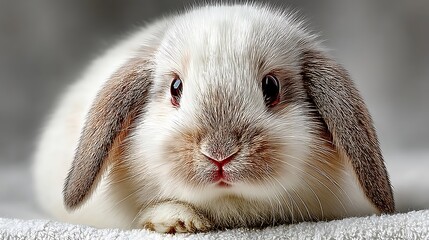 the image features a close up of a small, fluffy animal, with a predominantly white coat accented by areas of brown fur