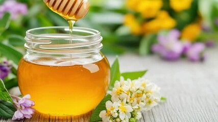 A jar of honey is poured into a glass. The jar is surrounded by flowers, which add a touch of color and freshness to the scene. The honey is golden and looks delicious