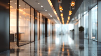 Modern office corridor with glass walls and pendant lights reflects on polished floor, creating depth.