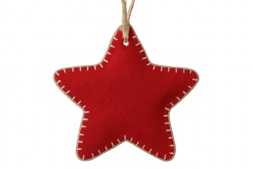 Red felt star with white stitching hanging from a string, isolated on a transparent background, perfect for christmas projects