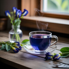Cup of tea with fresh flowers on a white morning table