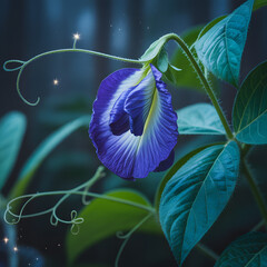 Blue flowers blooming at night in a peaceful garden meadow