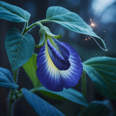 Blue flowers blooming at night in a peaceful garden meadow