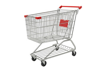Empty, pristine, new, clean, polished metal shopping cart with chrome frame and wire basket structure on a transparent, seamless isolated background, no shadows, professional studio product shot,