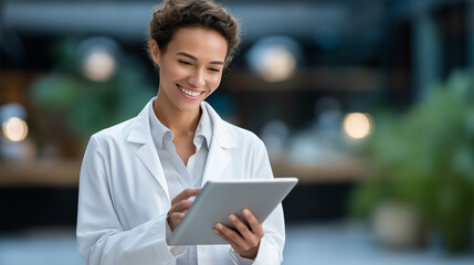 Optimistic practitioner sharing results in a bright environment