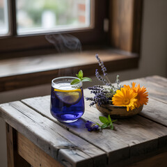 Cup of tea with fresh flowers on a white morning table
