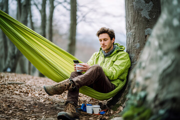 A man is sitting in a green hammock, looking at his phone